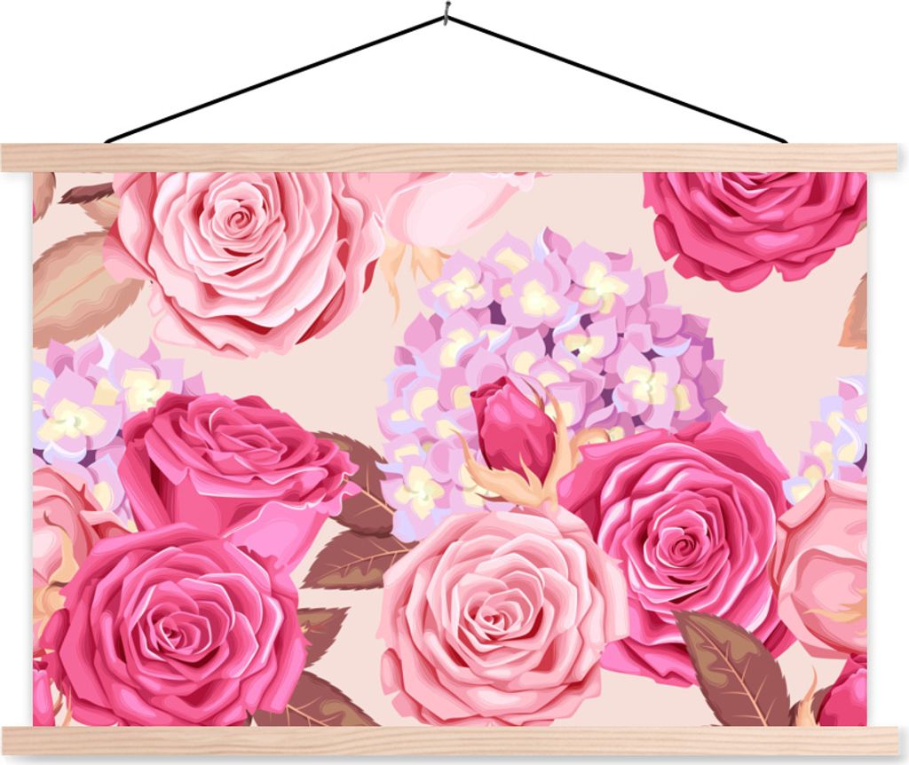 MuchoWow Textilposter Rosen - Hortensien - Blumen - Rosa 120x80 cm mit holzfarbenen Rahmen - Aufhängeset