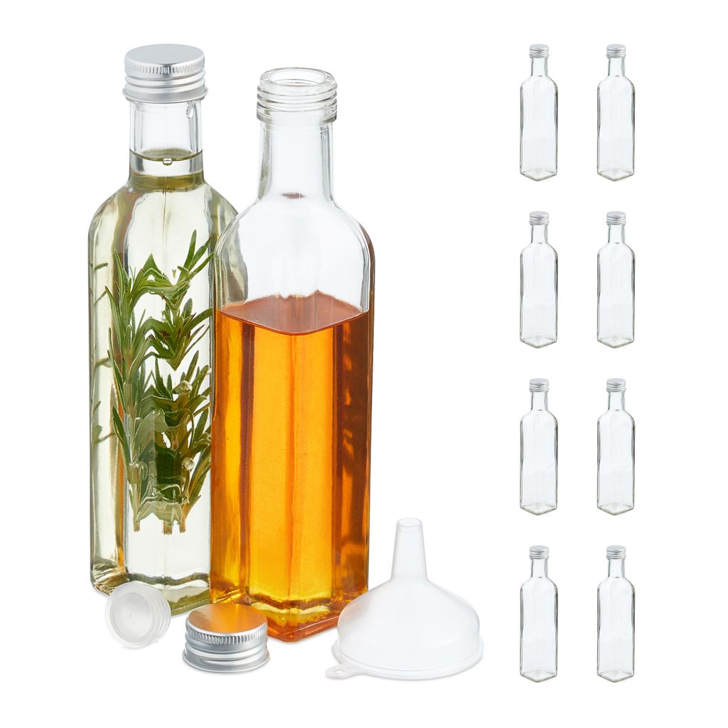 Relaxdays Flaschen zum Befüllen, 10er Set, leere Glasflaschen, für Likör, Öl, Saft, Schnapsflaschen, 250 ml, transparent