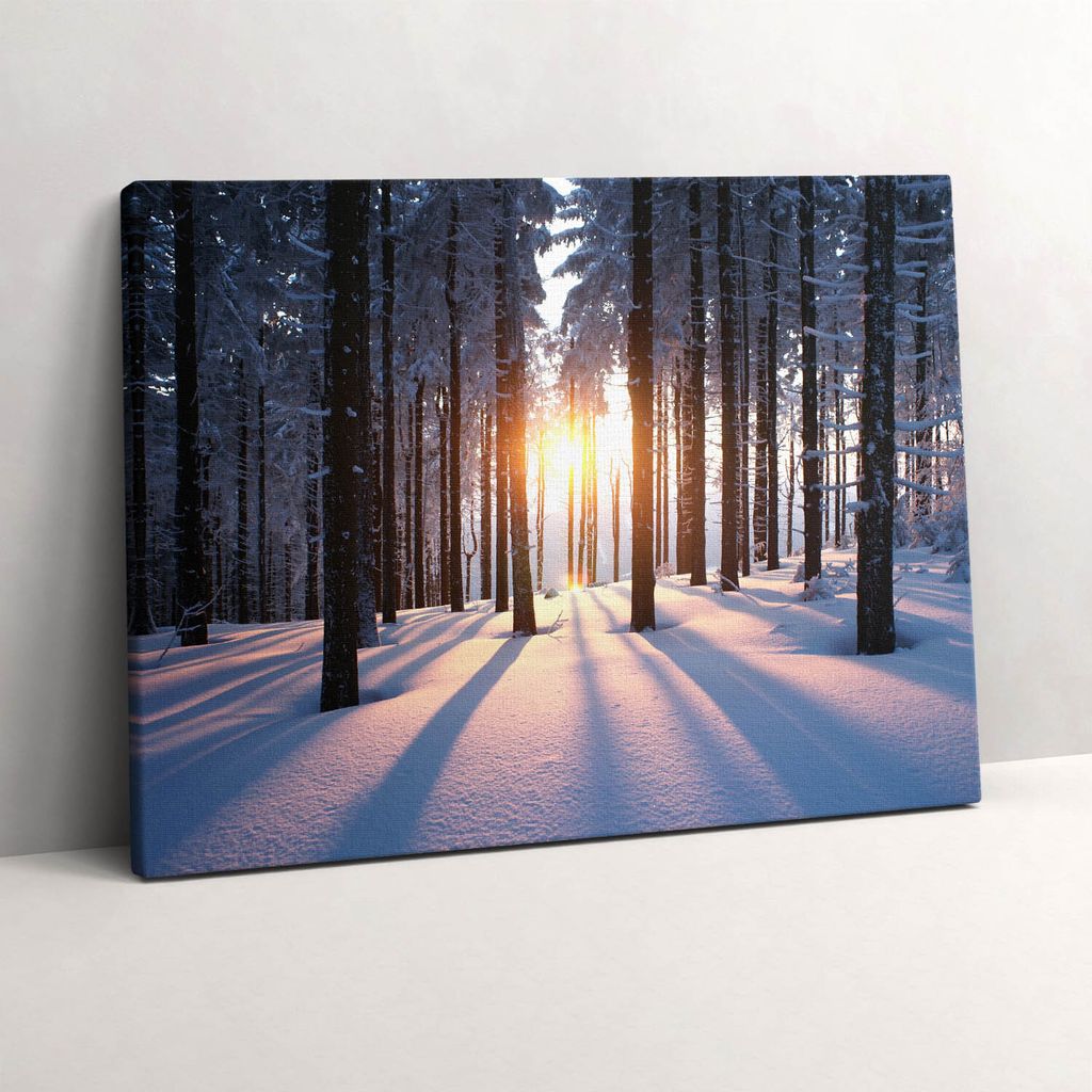 Sonnenuntergang und Wald im Winter – Leinwandbild Wandbild – 80x60 cm – Leinwandbilder – Wandbilder – Schlafzimmer – Flur