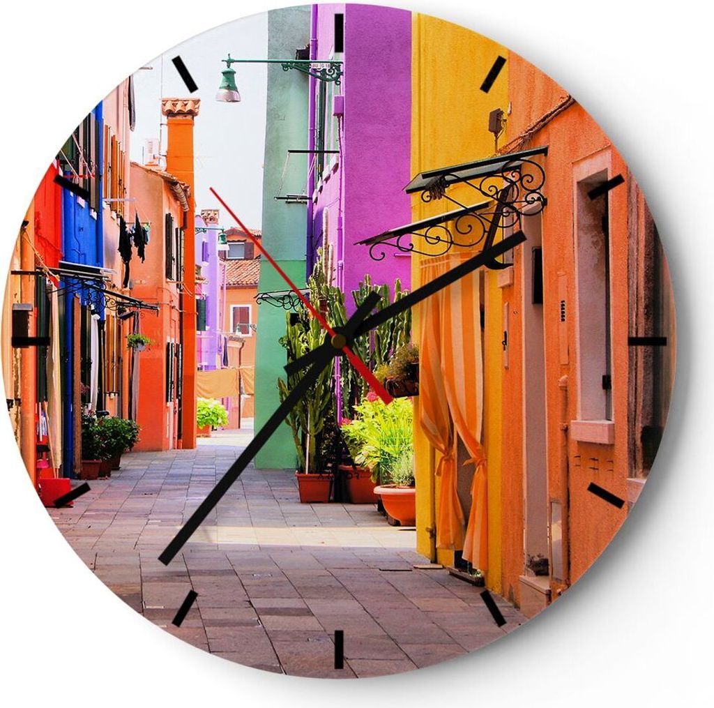 Wanduhr - Rund - Glasuhr - Sommer Straße Haus - 40x40cm - Schleichendes Uhrwerk - Lautlos - zum Aufhängen bereit - Dekoration Modern - Wanddekora...