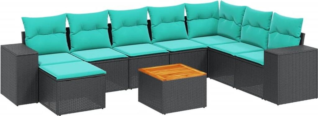 vidaXL 9-teiliges Gartensofa-Set mit Kissen, schwarzes Polyrattan