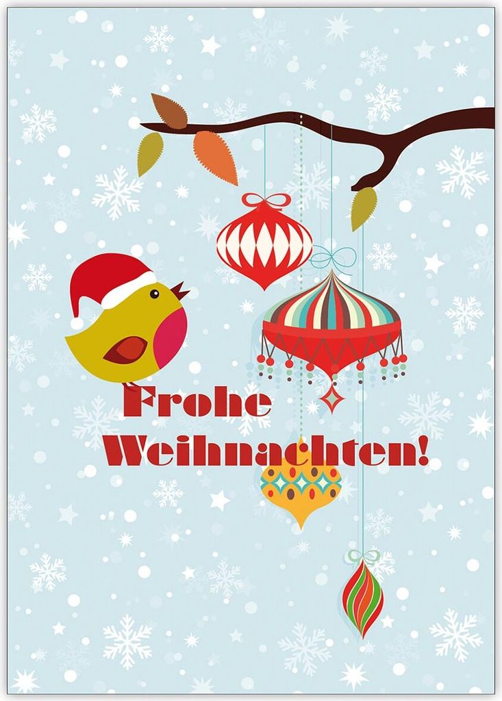 4x Niedliche Weihnachtskarte mit Vögelchen vor Schneeflocken