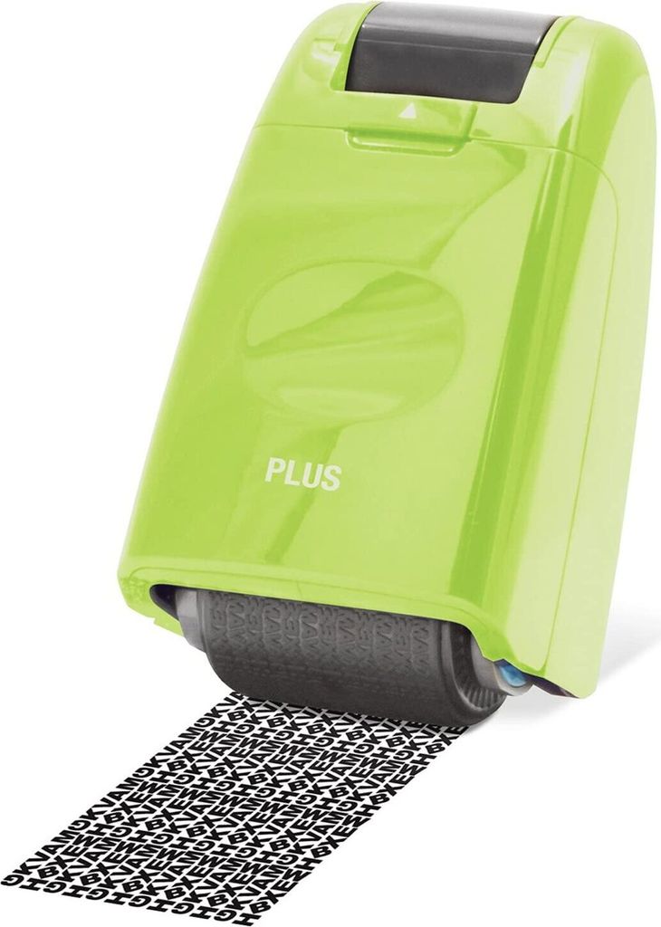 A green privacy stamp roller is shown in use, printing a pattern of text on a white surface.