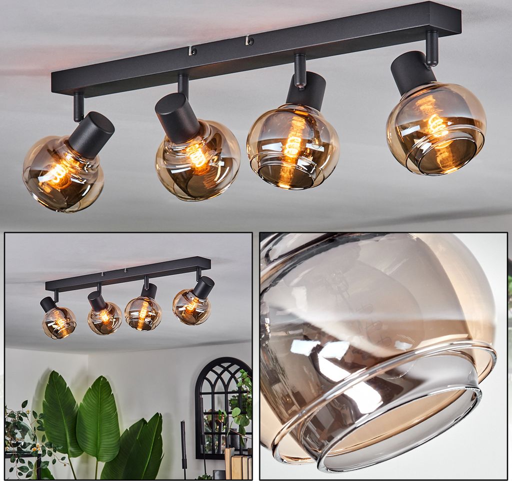Romano Deckenlampe aus Metall/Glas in Schwarz/Bernsteinfarben/Rauchfarben
