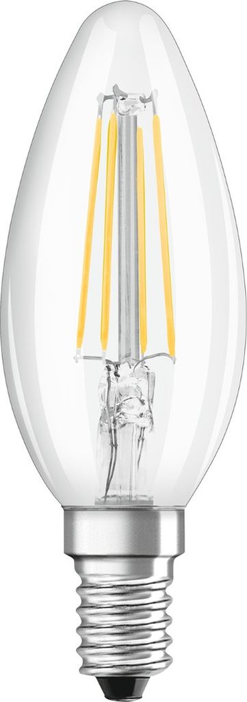 A clear studio shot of an LED candle light bulb.