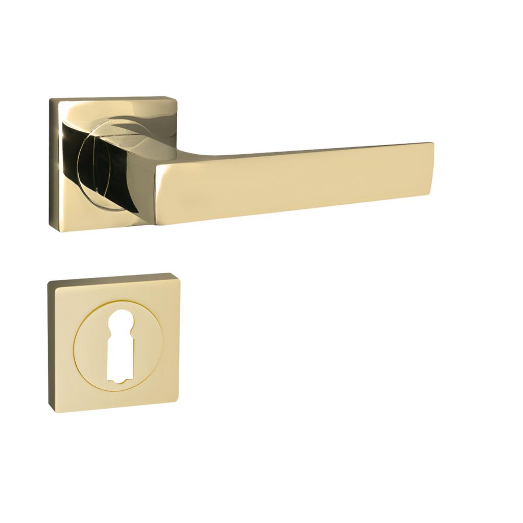 A gold-colored door handle and keyhole escutcheon are shown against a white background.