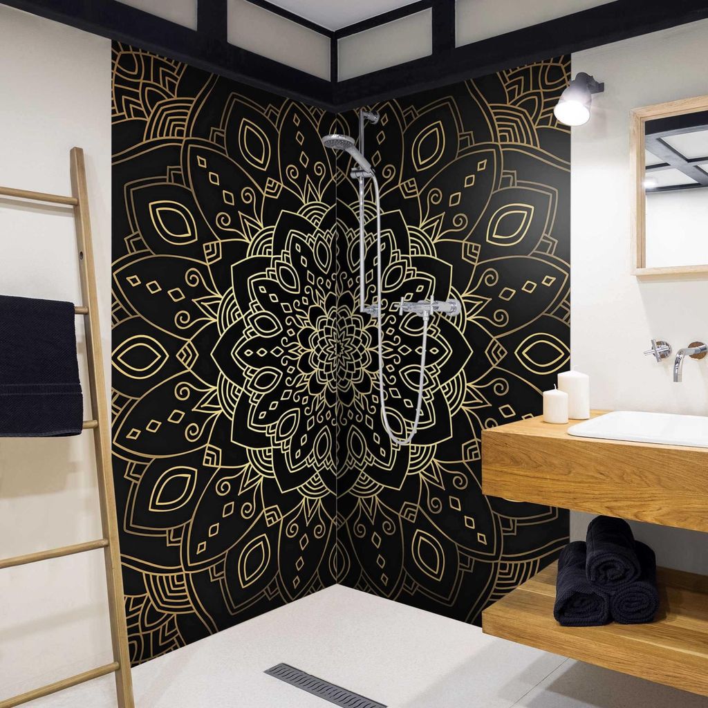 Duschrückwand Spirituell selbstklebend - 0.61 mm Wandpaneel wasserfest Ornament gold Orientalisch Badrückwand fugenlos Premium matt 80x210 cm