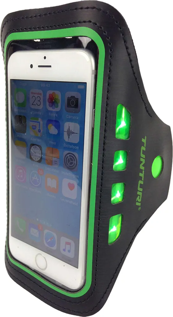 Tunturi Brassard Vert avec LED : Pochette Téléphone Running Lumineuse