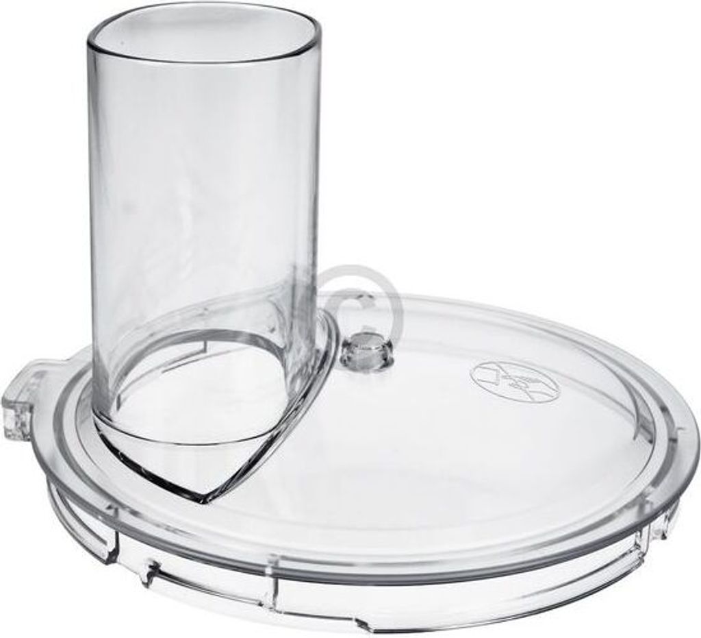 A clear plastic lid with a feeding chute for a food processor.