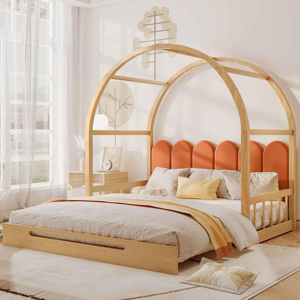 Multifunktionales Kinder- und Tagesbett in Prinzessin-Rosa mit ausziehbarem Design, sicherem Schutz und Kiefernholzrahmen, Natur und Orange