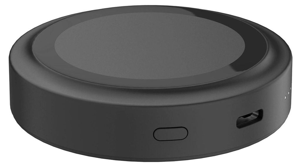 A black wireless charging power bank is shown from a side angle against a white background.