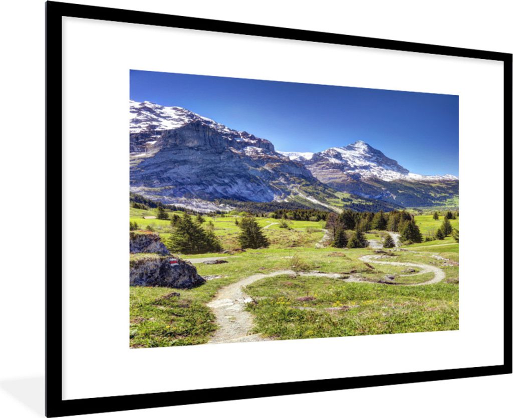 Poster mit Rahmen - Wanderweg zum Scheideggpass mit dem Eiger in der Schweiz - 90x60 cm - Poster mit zchwarzem Bilderrahmen