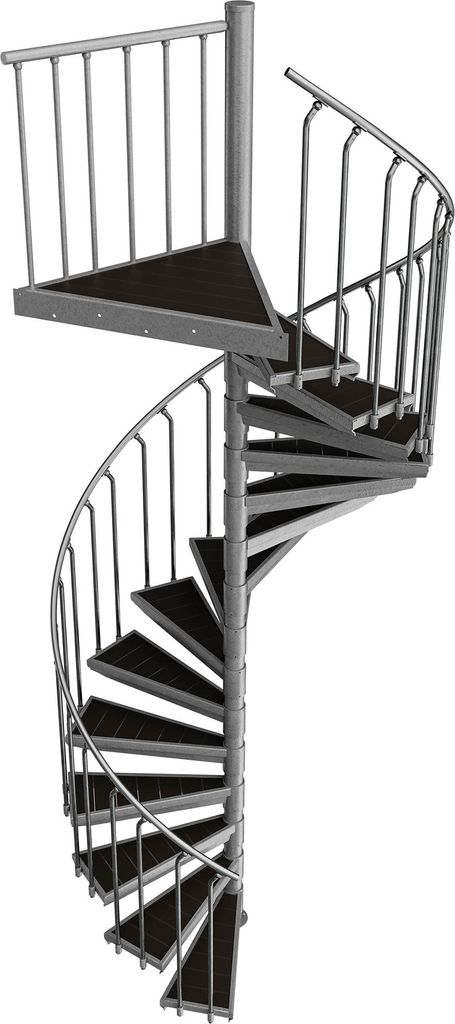 Spindeltreppe Ø 180 cm | Höhen: 288-305 cm | 15 Stufen, ein Podest | WPC-Stufenbelag, Feuerverzinkt