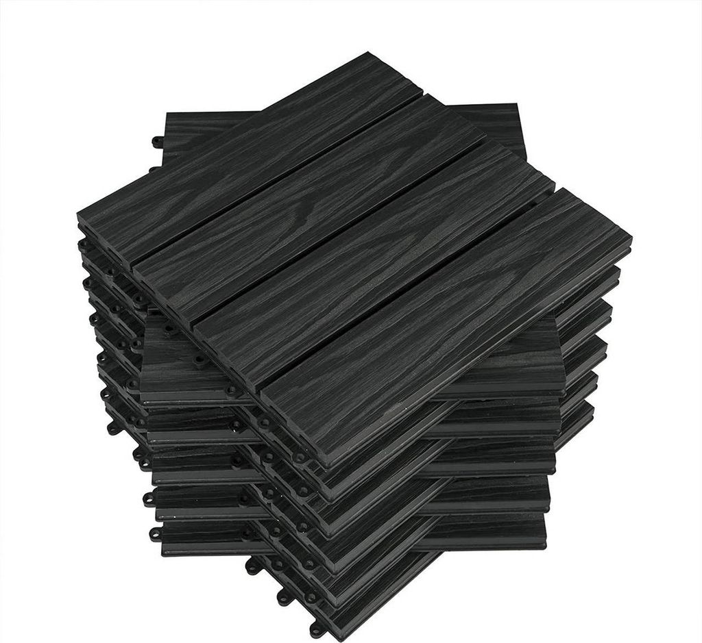 WOLTU 11 x Premium WPC Terrassenfliesen 3D Holz Optik mit Relief, Balkonfliesen Garten Fliesen Bodenbelag Anthrazit, 30x30cm (1 m²)