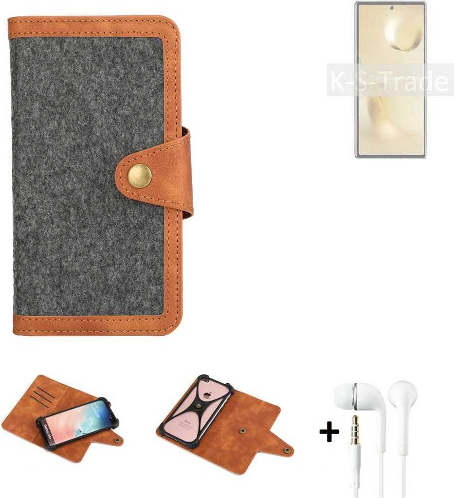 K-S-Trade Handyhülle + Kopfhörer kompatibel mit Xiaomi Mi MIX Fold 2 Schutzhülle Filzhülle Kunstleder dunkelgrau braun (1x)