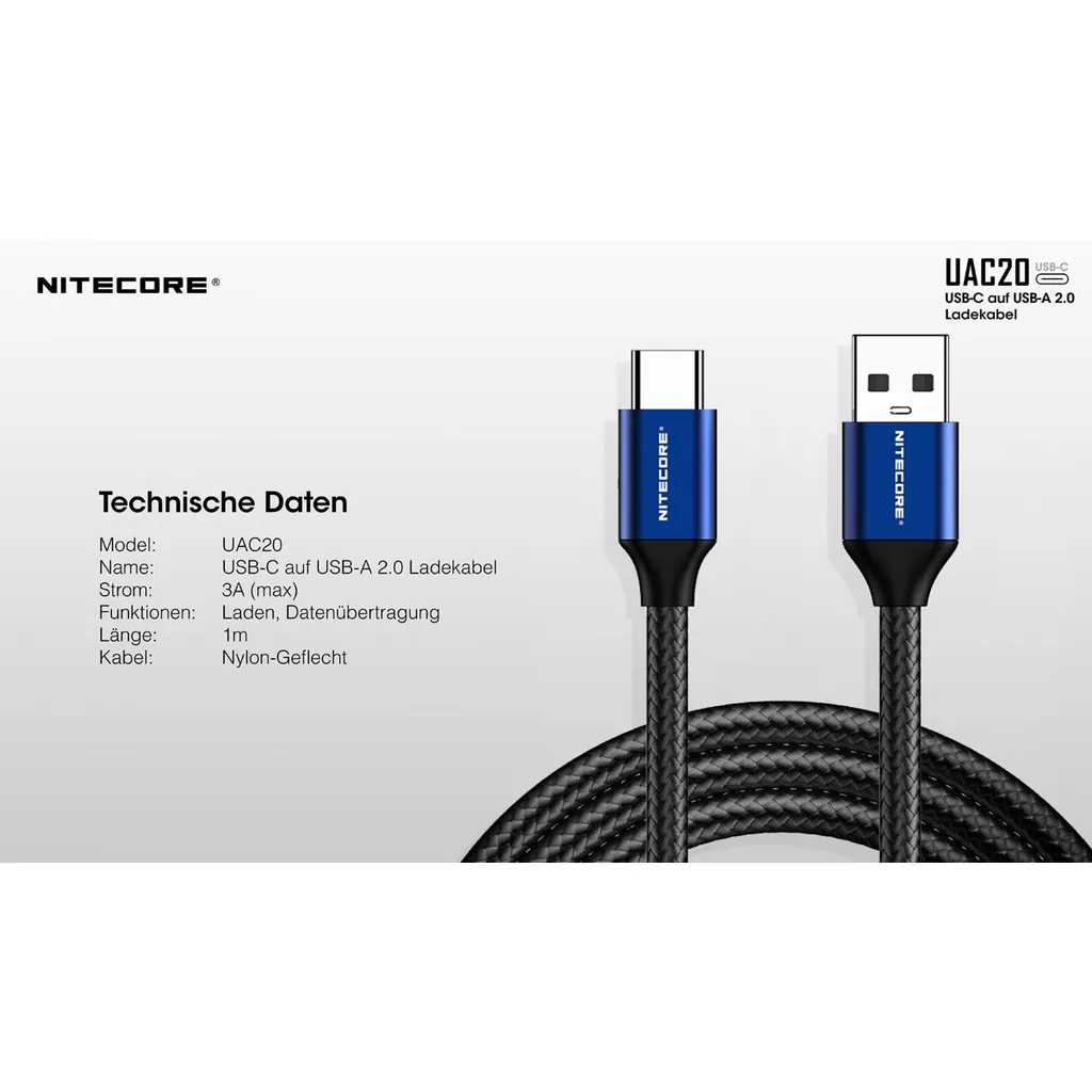 Nitecore UAC20 Câble de recharge USB-C Haute Performance 1 Mètre Noir