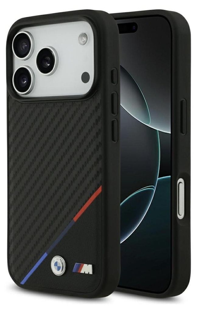 A black iPhone case with BMW M branding and carbon fiber texture is shown.