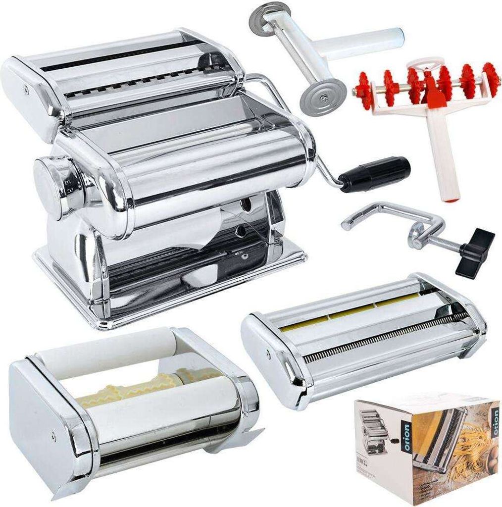 A collection of pasta making accessories, including a pasta machine, various attachments, and a box.