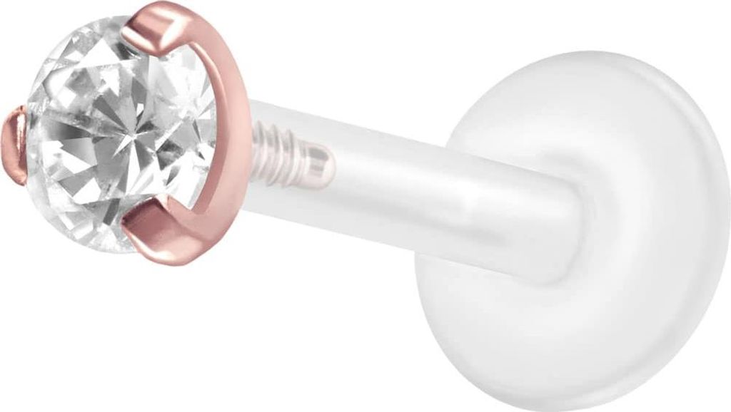 Ohrpiercing, Nasenpiercing PTFE Labret mit Innengewinde + Titan-Aufsatz EINGEFASSTER KRISTALL RoséGold Stablänge: 9mm | Stabstärke: 1,2mm | Kris...