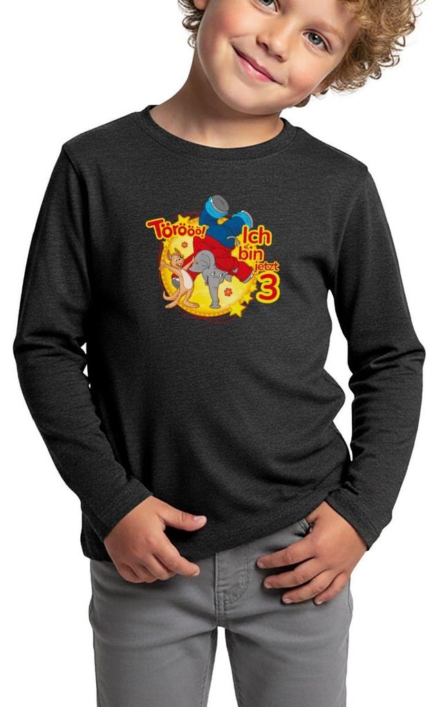 Spreadshirt Benjamin Blümchen Ich Bin Jetzt 3 Kinder Premium Langarmshirt, 98/104 (2 Jahre), Anthrazit meliert