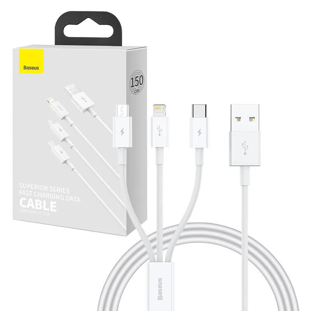 Baseus Cavo 3 in 1 USB a Lightning Micro USB e Type-C 3.5A 1M Bianco - 11