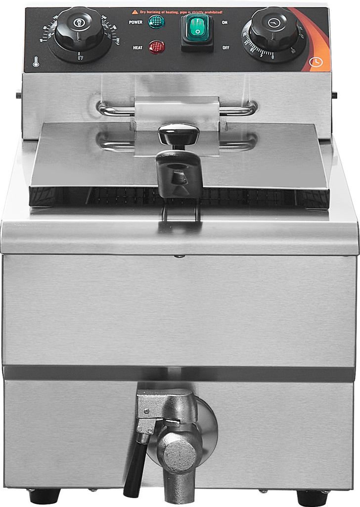 A commercial deep fryer is shown from the front.
