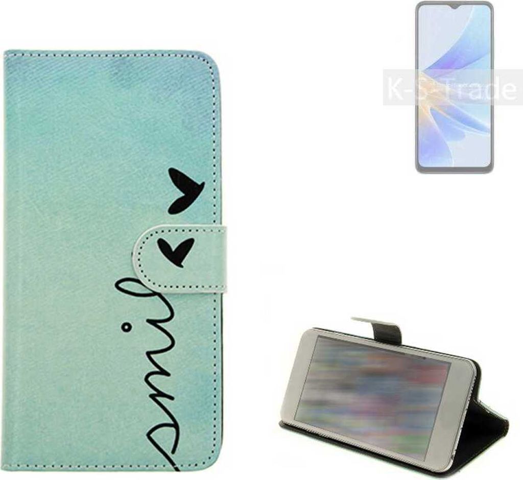 K-S-Trade Schutz Hülle Handy Hülle kompatibel mit Oppo A17 Hülle Handyhülle cover bookstyle Etui Handyhülle ''smile'' türkis Standfunktion