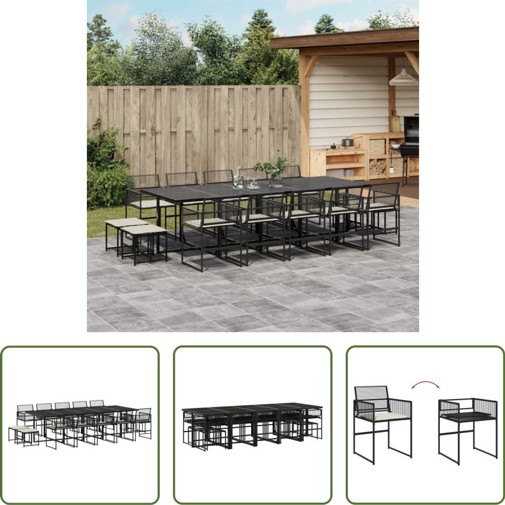 The Living Store 15-tlg. Garten-Essgruppe mit Kissen Schwarz Poly Rattan