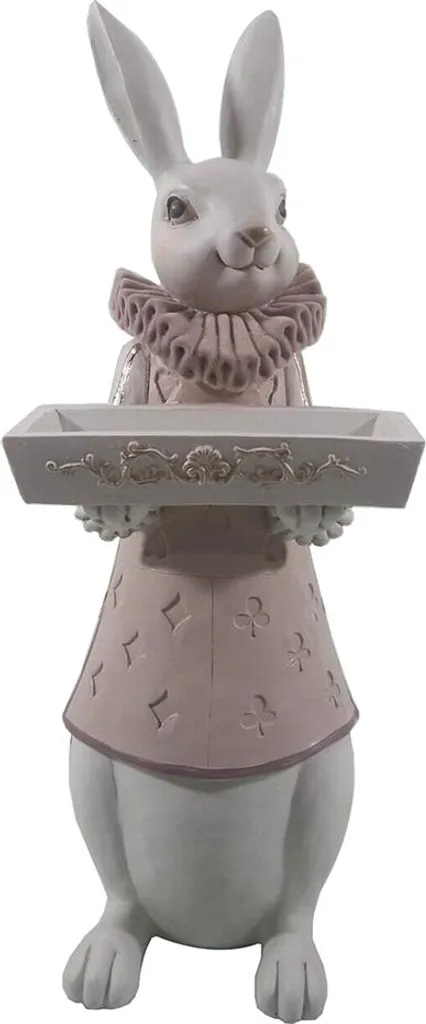 Statue Lapin Décorative de 37cm en Polyrésine pour Salon Blanc et Rose