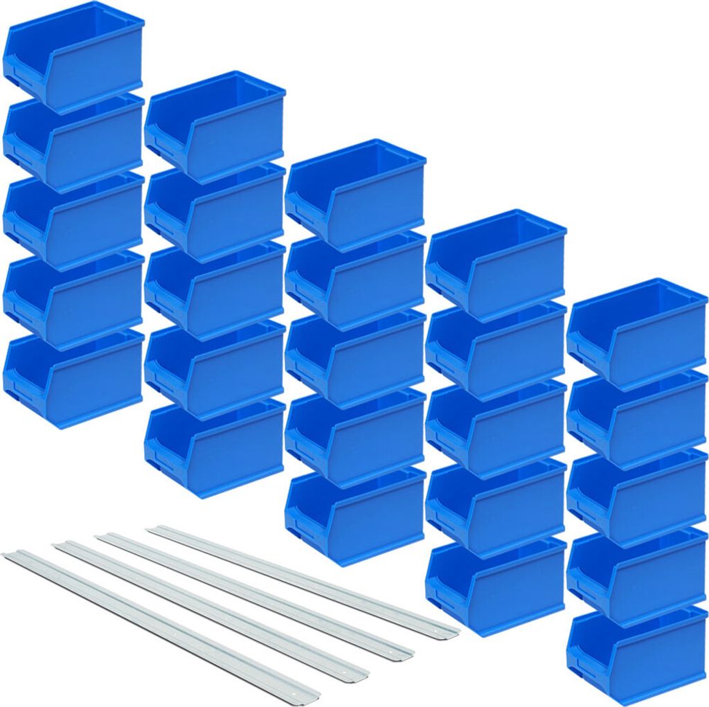 25 Sichtlagerboxen LB4, blau, Inhalt 2,9 Liter, LxBxH 235 x 145 x 125 mm, inkl. 4 verzinkte Wand-Aufhängeschienen L 970 mm