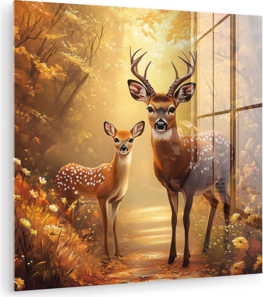 MuchoWow Glasbilder - Bilder auf Wandbild - Foto auf Glas Herbst - Wald - Hirsche - Waldtiere - Natur - Braun 20x20 cm Wanddekoration aus Glas - Ac...