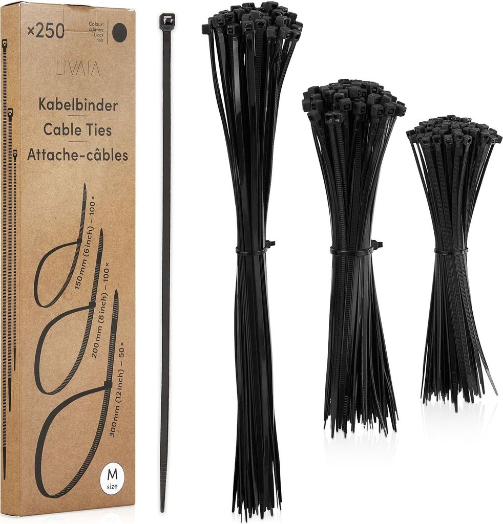 LIVAIA, Kabelbinder Schwarz, 3 Größen, Kabel Binder Set 250 Stück