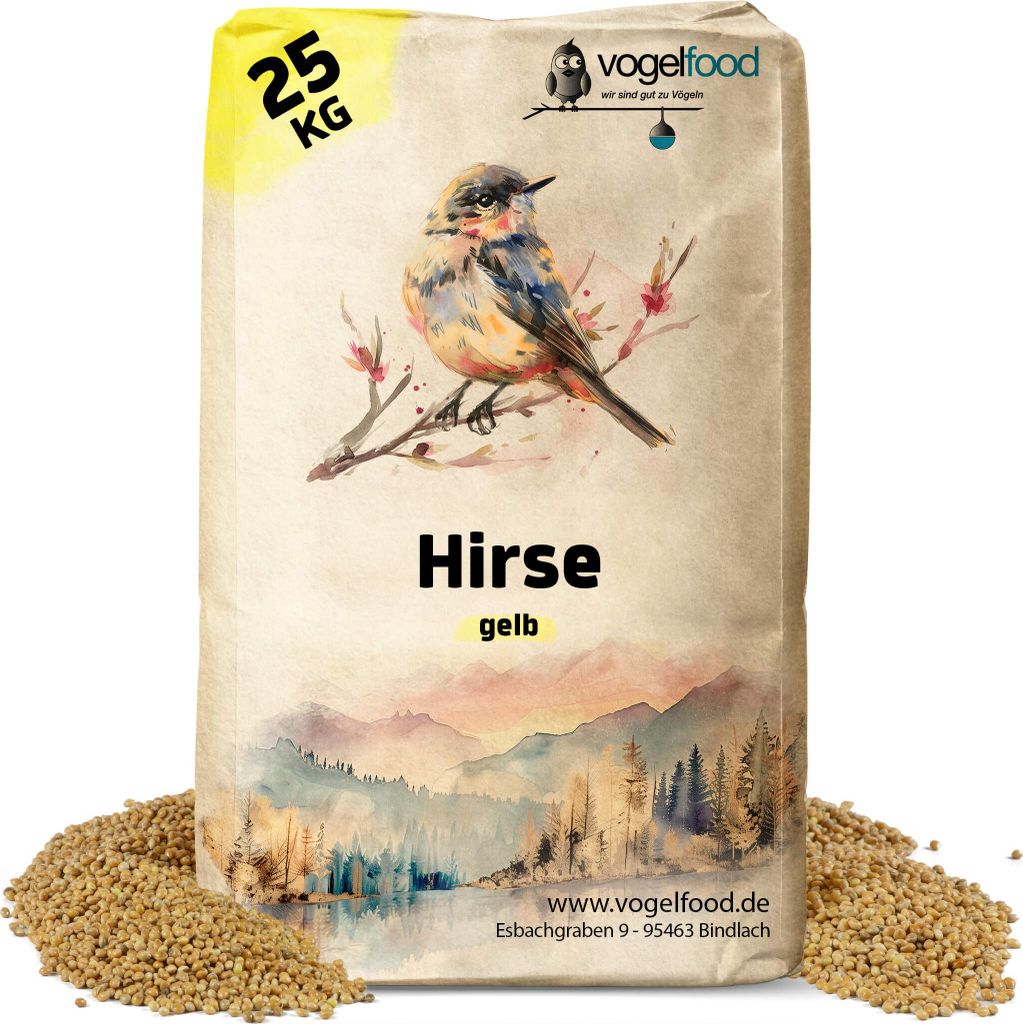 A bag of birdseed with a watercolor illustration of a bird and a landscape.
