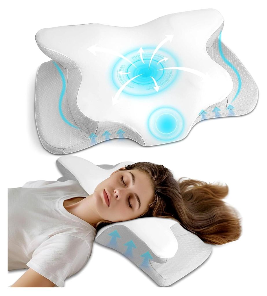Orthopädisches Kissen aus Memory Foam, Ergonomisches Nackenstützkissen für Seiten-, Rücken- und Bauchschläfer, 62x41x13cm, Weiß+Hellgrau