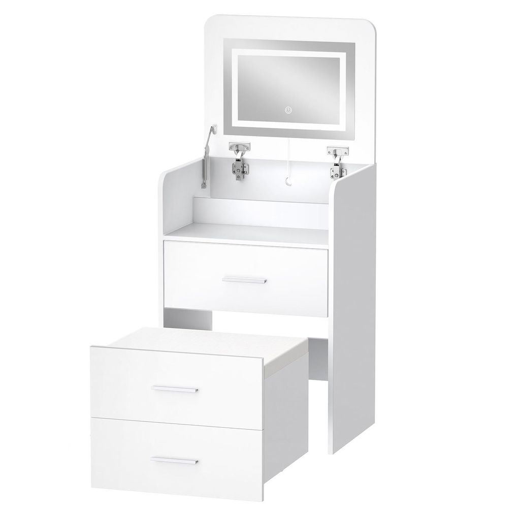 ALFORDSON Eleganter Schminktisch für moderne Schlafzimmer, Mit beleuchtetem Spiegel, Klappplatte und integriertem Stauraum Weiß