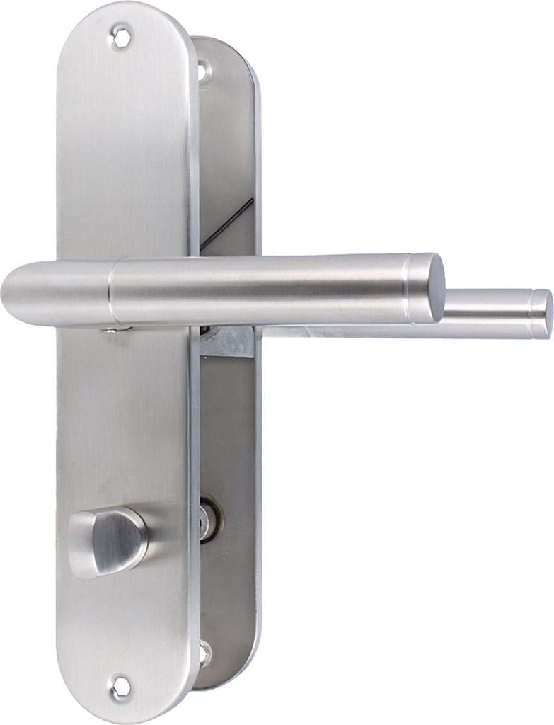 A close-up studio shot of a modern stainless steel door handle set with a long backplate, designed for WC doors.