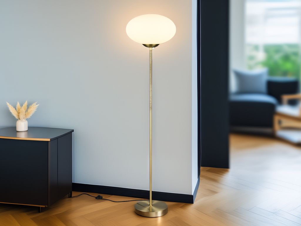 Dimmbare Wohnzimmer LED Stehlampe Messing mit Glaskugel Lampenschirm, Höhe 150cm
