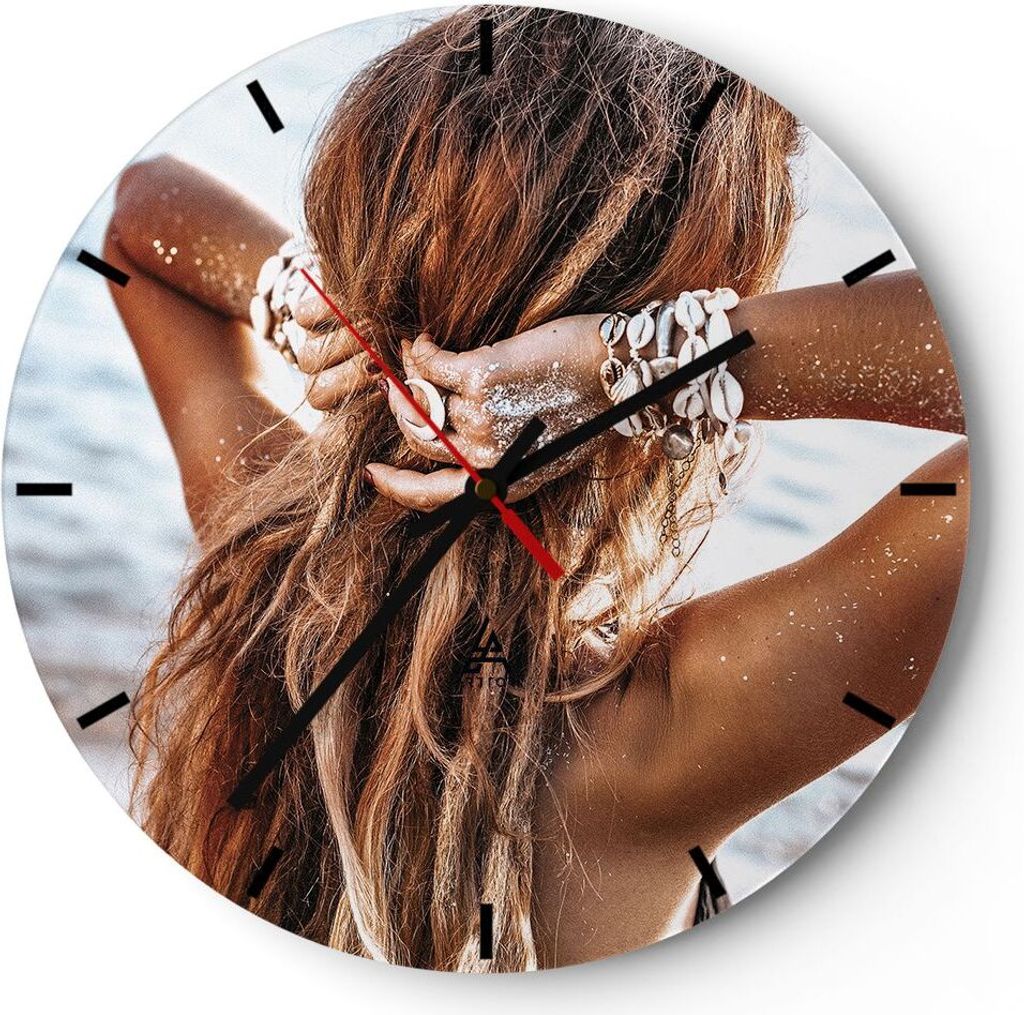 Wanduhr - Rund - Glasuhr - Haare Frau Strand - 30x30cm - Schleichendes Uhrwerk - Lautlos - zum Aufhängen bereit - Dekoration Modern - Wanddekorati...