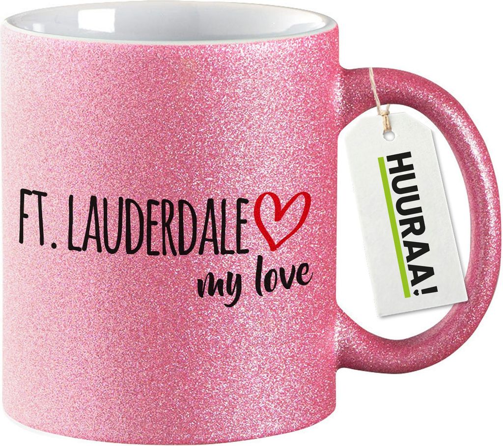 Huuraa Glitzertasse Ft. Lauderdale my love 330ml Pink Keramik Kaffeebecher Geschenkidee