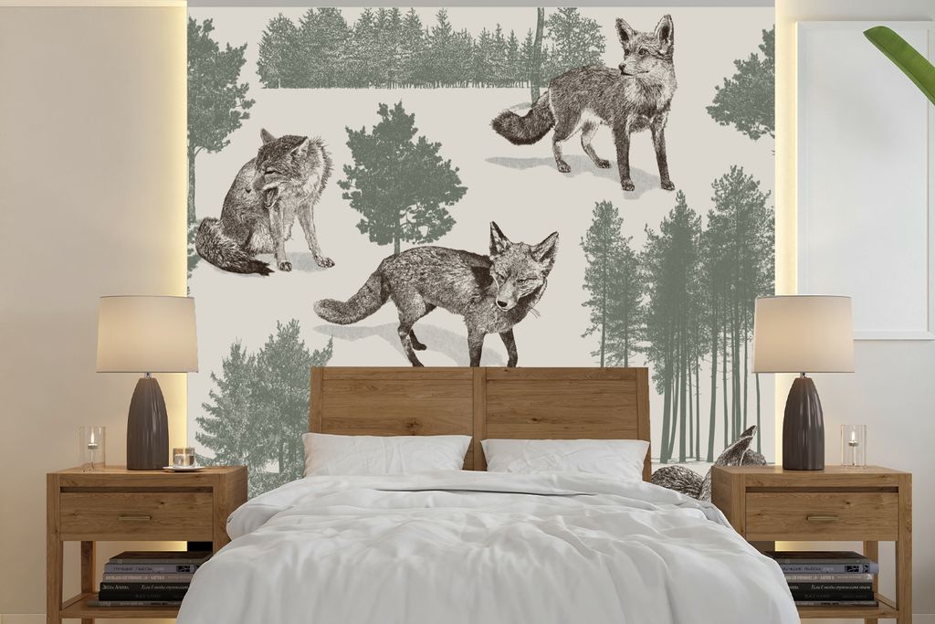 MuchoWow Fototapete für Wohnzimmer oder Schlafzimmer Wandtapete Vinyl Motivtapete Fuchs - Baum - Muster - 240x240 cm - Schlafzimmer-Tapete