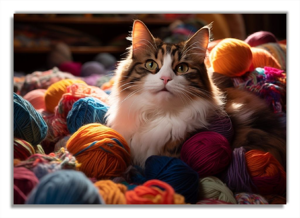 Wallario selbstklebendes Poster - Katze in einem Berg von Wollknäuel, Größe: 70 x 100 cm