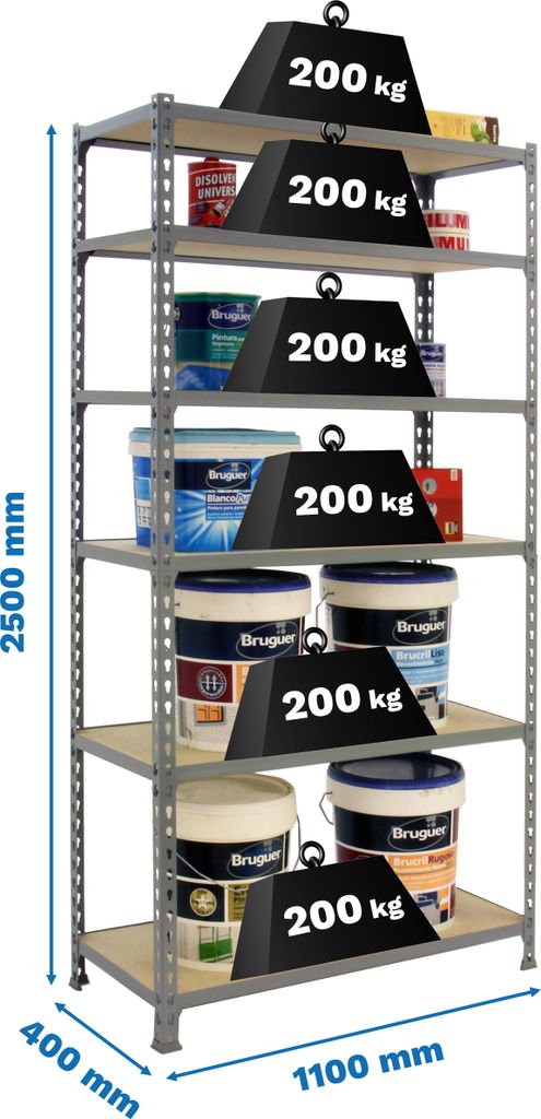 PROREGAL Schwerlastregal GIANT MULI | HxBxT 250x110x40cm | 6 Fachböden | Fachlast 200kg | Grau | Lagerregal Kellerregal Werkstattregal Metallregal...