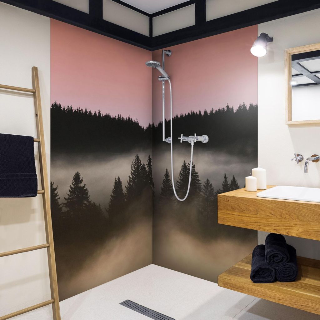 Duschrückwand Wald selbstklebend - 0.35 mm Wandpaneel wasserfest Wald schwarz Motiv Badrückwand fugenlos Smart matt 110x210 cm