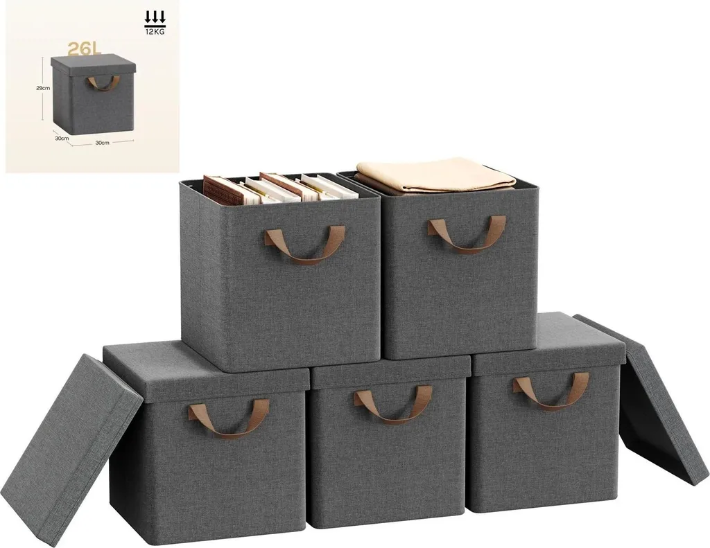 Lot de 5 Boîtes de Rangement Pliables 26L en Tissu Gris pour Armoire