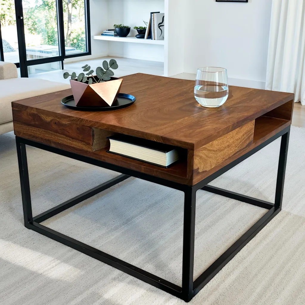 Petite table basse massive 60x60cm style industriel Sheesham et métal