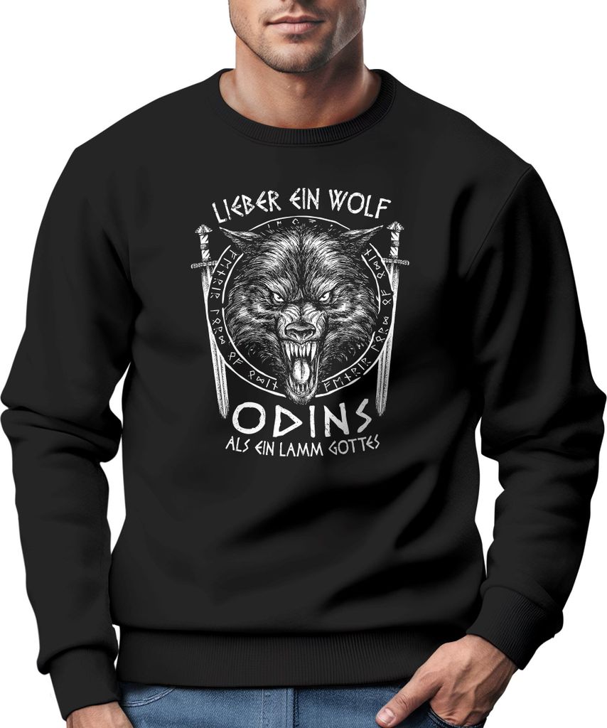 Sweatshirt Herren Lieber ein Wolf Odins als ein Lamm Gottes nordische Mythologie Wikinger Rundhals-Pullover Neverless schwarz XS