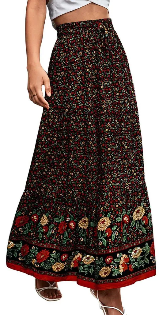 Jupe longue fleurie taille haute élastiquée XL noir pour femme bohème