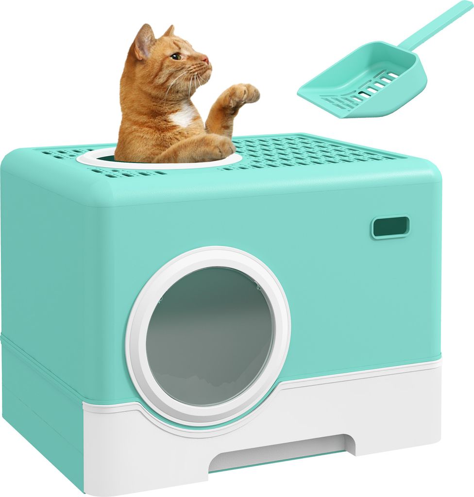 PawHut Katzentoilette, Haustiertoilette mit Schaufel, herausnehmbares Tablett, 2 Türen, Haupteingang und Ausgang oben, 52 x 41 x 38,5 cm, Grün