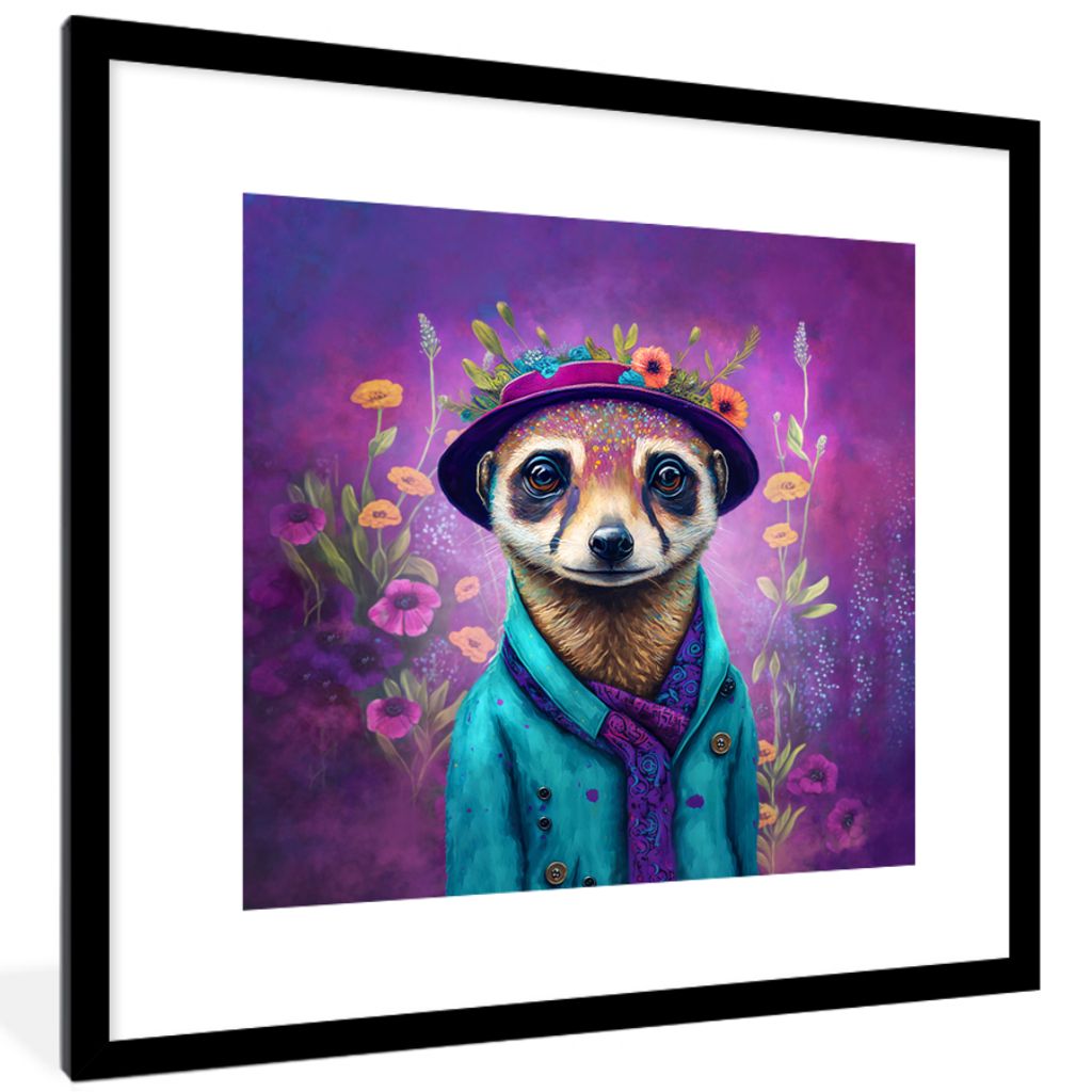 MuchoWow Gerahmtes Poster Erdmännchen - Blumen - Farbe - Lila - Porträt 40x40 cm - Poster mit Schwarzem Bilderrahmen Wandposter Rahmen Foto Bil...