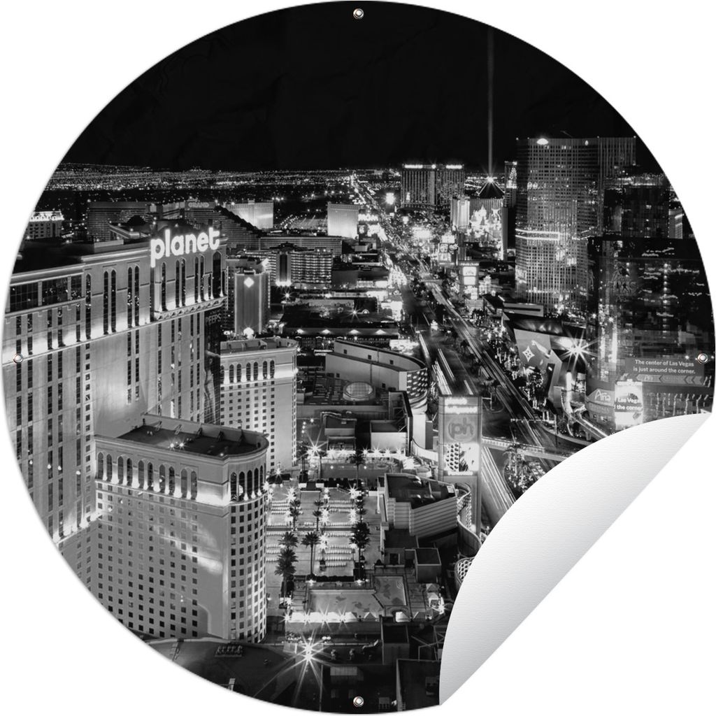 MuchoWow Gartenposter Outdoor-Poster Rund Las Vegas Nacht Skyline - Vereinigte Staaten - schwarz und weiß Ø 60 cm Gartendeko Rundes Poster drau...